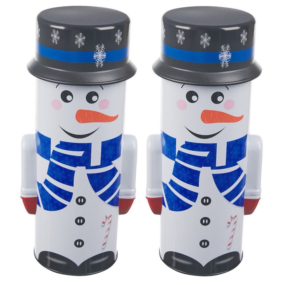 2 - Decorative Holiday Themed Tall Snowman metal Tin w/hat lid Blue/Black/white
